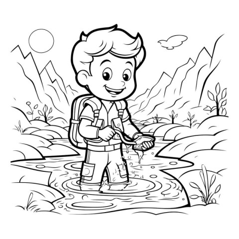 Coloring Page Outline Of cartoon boy fishing in a puddle