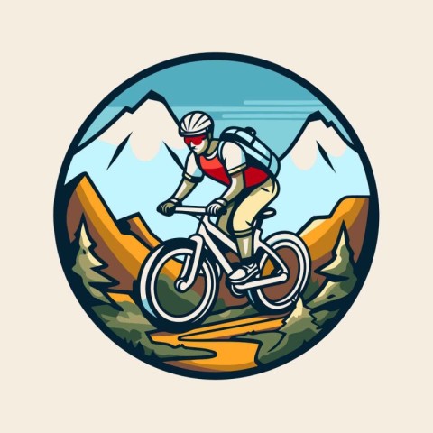 Mountain biker riding on the road in the mountains. Vector illus