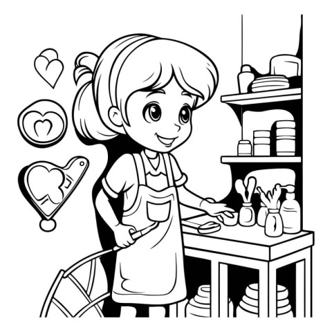 Girl cooking in the kitchen. Black and white vector illustration