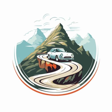 Mountain road with a car on the road. Vector illustration.