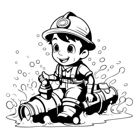 Firefighter with a hose and a water gun. Black and white vector