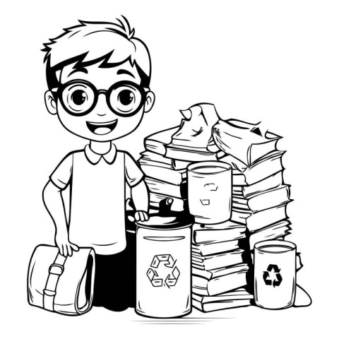 Boy with recycle bin and pile of books. Black and white vector i