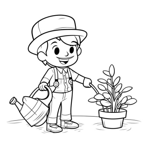 Outline illustration of a boy watering a potted plant on a white