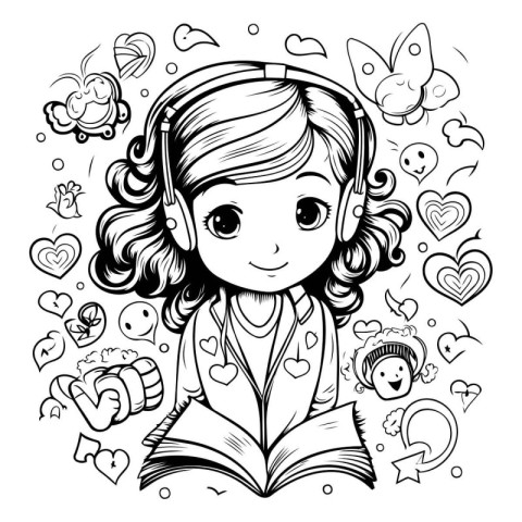 Cute cartoon girl with book. Vector illustration for coloring bo