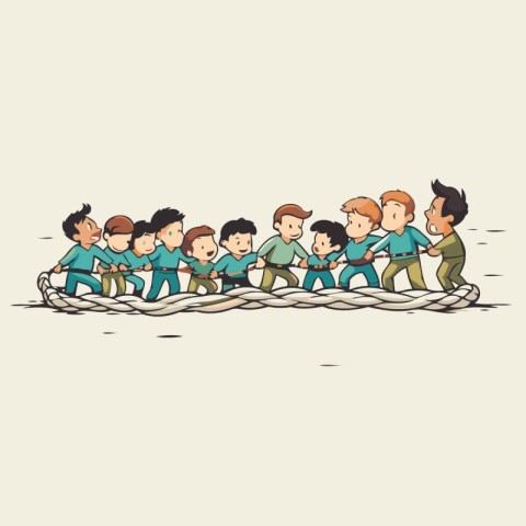 Group of children playing tug of war. Vector illustration in car