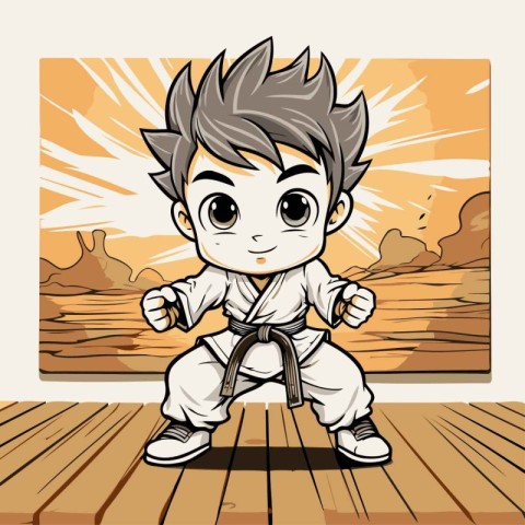 Cartoon karate boy on a wooden pier. Vector illustration.