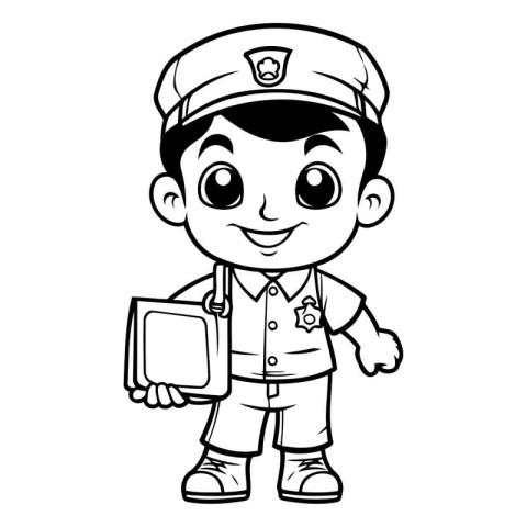 Black and White Cartoon Illustration of Cute Little Boy Captain