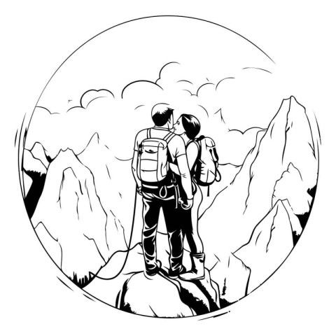 Hikers in the mountains. Vector illustration in black and white