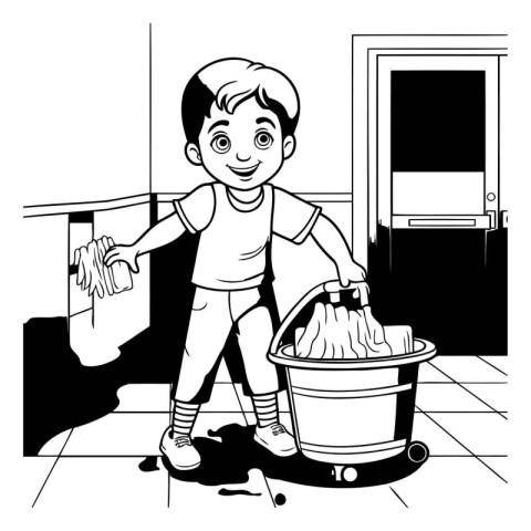 cute boy cleaning the house. black and white vector illustration