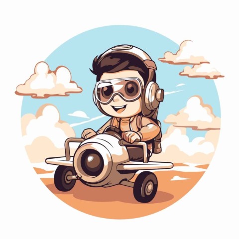 Cute cartoon astronaut with airplane. Vector illustration of a b