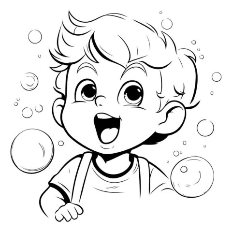 Boy blowing bubbles - black and white vector illustration for co