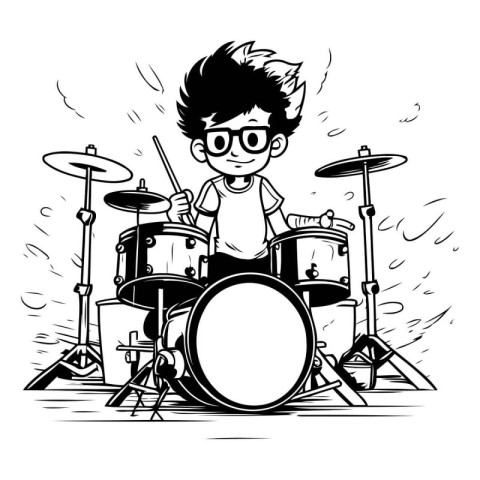 Cute boy playing drums. Black and white vector cartoon illustrat