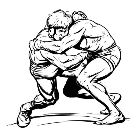 Vector illustration of two men wrestling. Isolated on white back