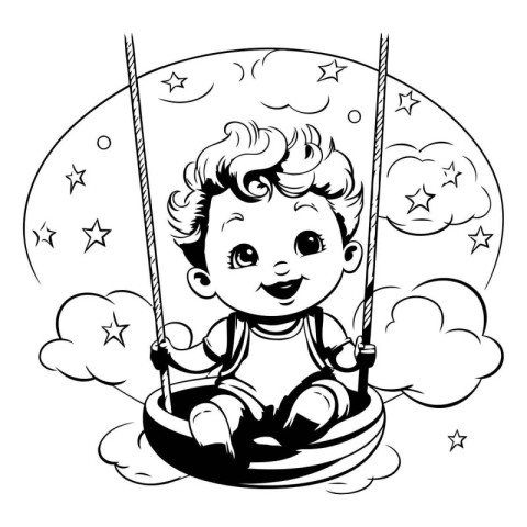 Black and White Cartoon Illustration of Cute Baby Boy Playing on