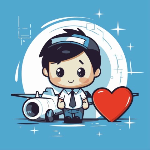 cute boy pilot with airplane and heart. Vector illustration of c