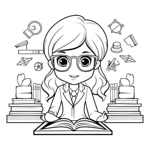 cute little student girl with book and icons vector illustration