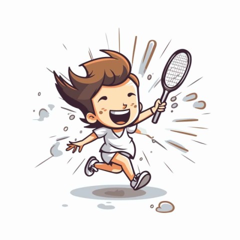 Cute cartoon boy playing badminton. Vector clip art illustration