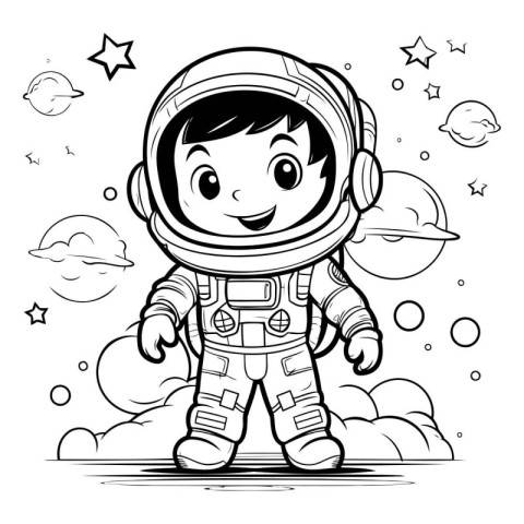 Black and White Cartoon Illustration of Kid Boy Astronaut Charac