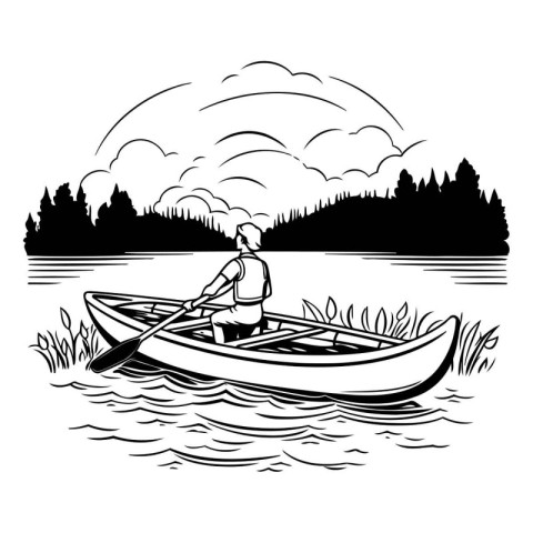 Man in a canoe on the lake. Black and white vector illustration.