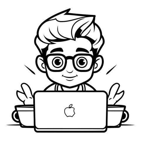 Boy Using Laptop - Black and White Cartoon Illustration. Vector