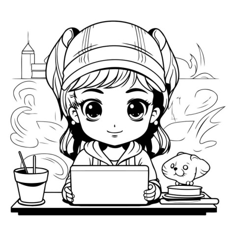 Cute cartoon chef girl with a laptop in her hands. Vector illust