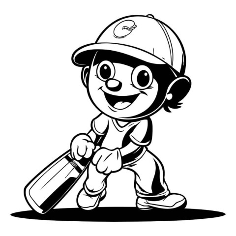 Cricket Player - Black and White Cartoon Illustration. Vector