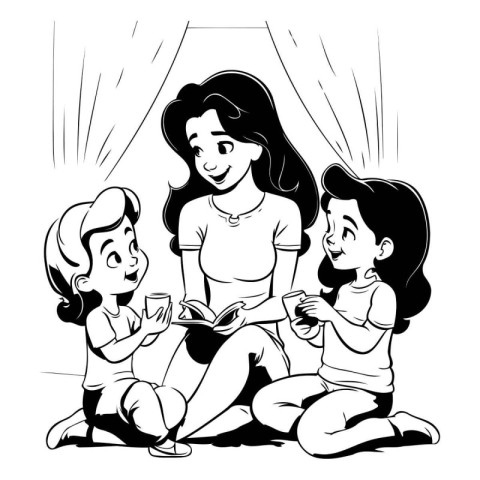 Mother and two children reading a book together. Black and white