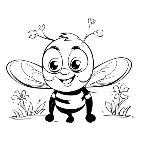 Black and White Cartoon Illustration of Cute Bee Character Color