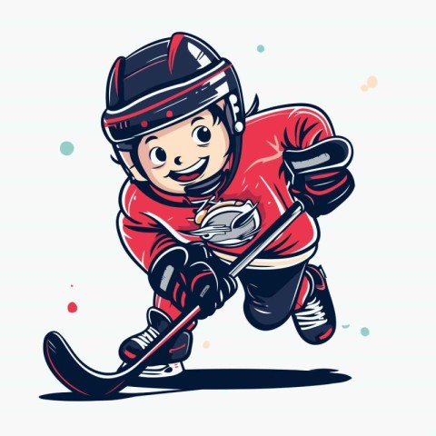 Cute cartoon hockey player with the stick and puck. Vector illus