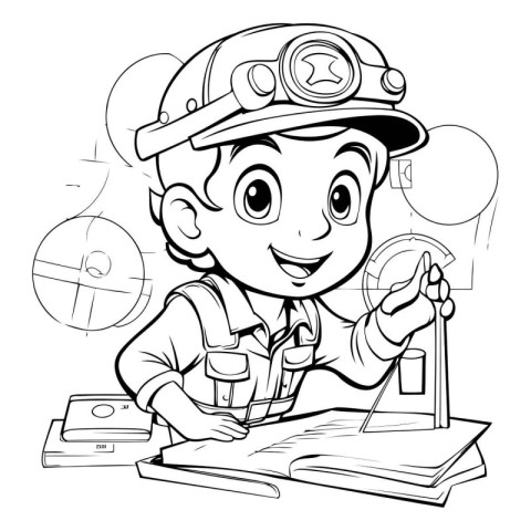 Black and White Cartoon Illustration of a Kid Boy in a Fireman U