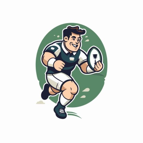 Rugby player running with ball. Vector illustration in retro sty