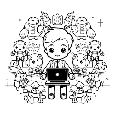 Vector illustration of a boy using a laptop computer and surroun