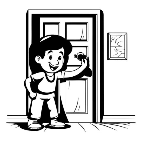 Kid boy cartoon in front of door with handle vector illustration