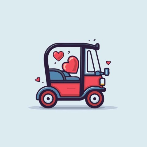 Golf cart with hearts. Vector illustration in flat cartoon style