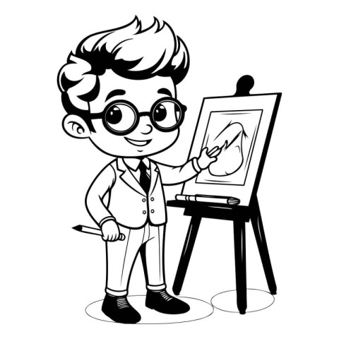 Cartoon boy painting on easel. Black and white vector illustrati