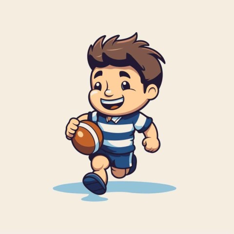 Cute little boy running with rugby ball. Vector cartoon illustra