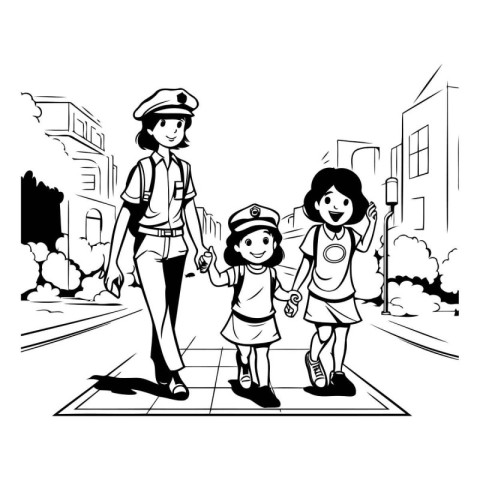 police woman with child in the city. black and white vector illu