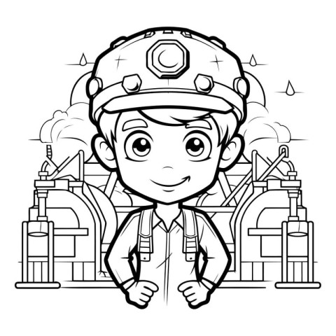 Black and White Cartoon Illustration of Kid Fireman Character fo