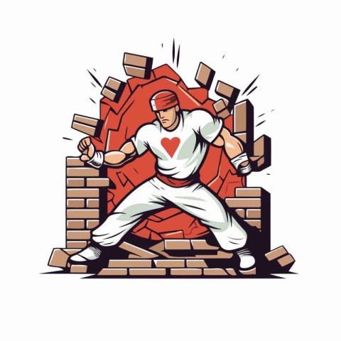 Baseball player breaking brick wall with a baseball bat. Vector