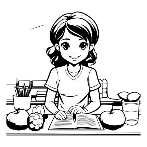 Black and White Cartoon Illustration of Girl Reading a Book in t