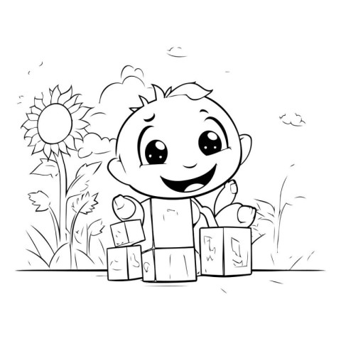 Illustration of a Kid Boy Playing with Cubes and Sunflower