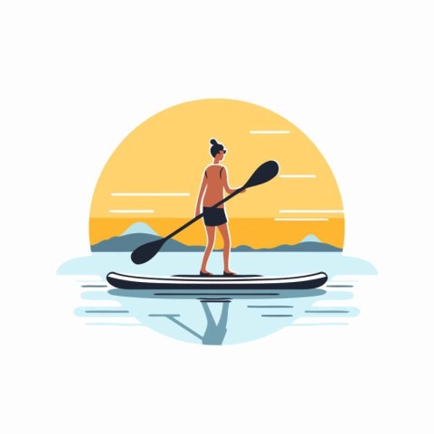 Woman paddling on stand up paddleboard. Flat style vector illust