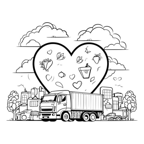 Cargo truck with heart in the city. Black and white vector illus