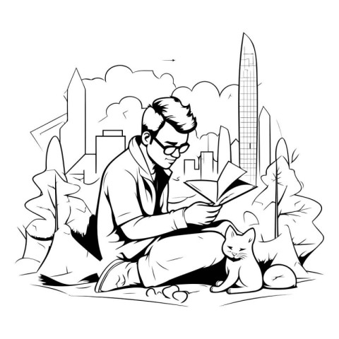 Man reading a book in the city. Vector illustration. Black and w