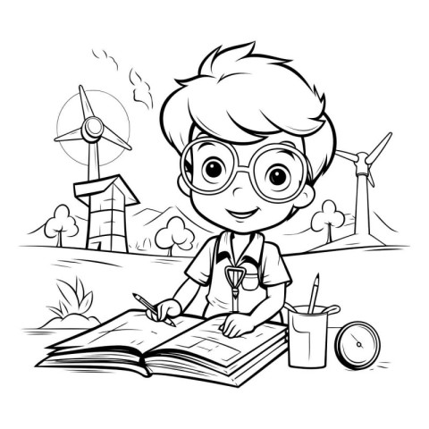 Black and White Cartoon Illustration of Kid Boy Reading a Book a