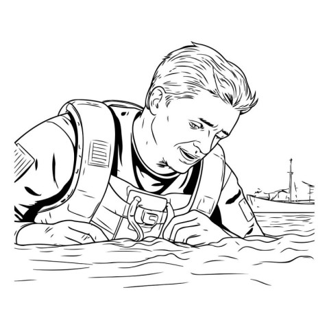 Vector illustration of a man in a life jacket on the water.