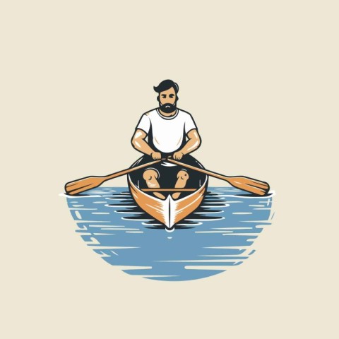 Man rowing on a boat. Vector illustration in retro style.