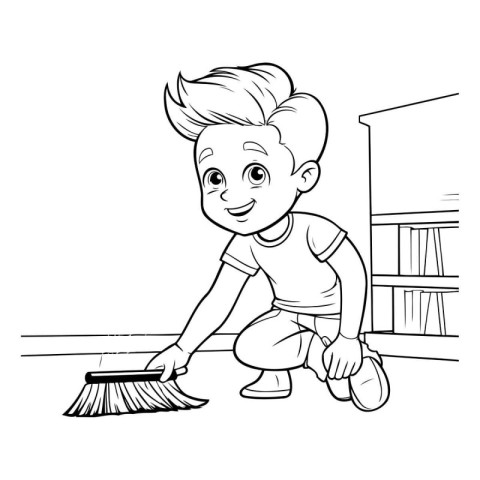 cute little boy cleaning the house. black and white vector illus