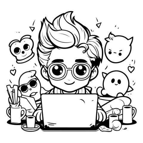 Funny cartoon boy with laptop. Vector illustration. Black and wh