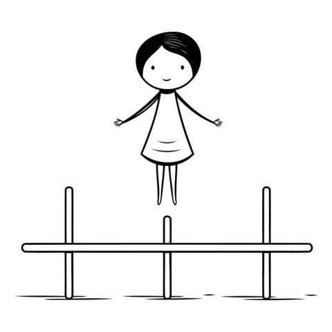 Girl jumping over a hurdle. Vector illustration. Black and white